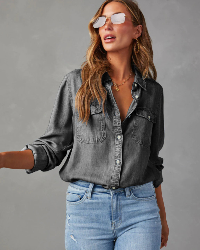 Casual crew-neck single-button women's long-sleeved denim shirt  DLZC0425