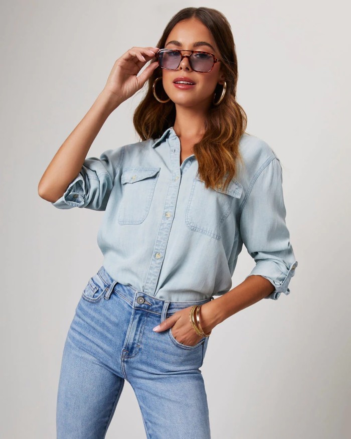 Casual crew-neck single-button women's long-sleeved denim shirt  DLZC0425