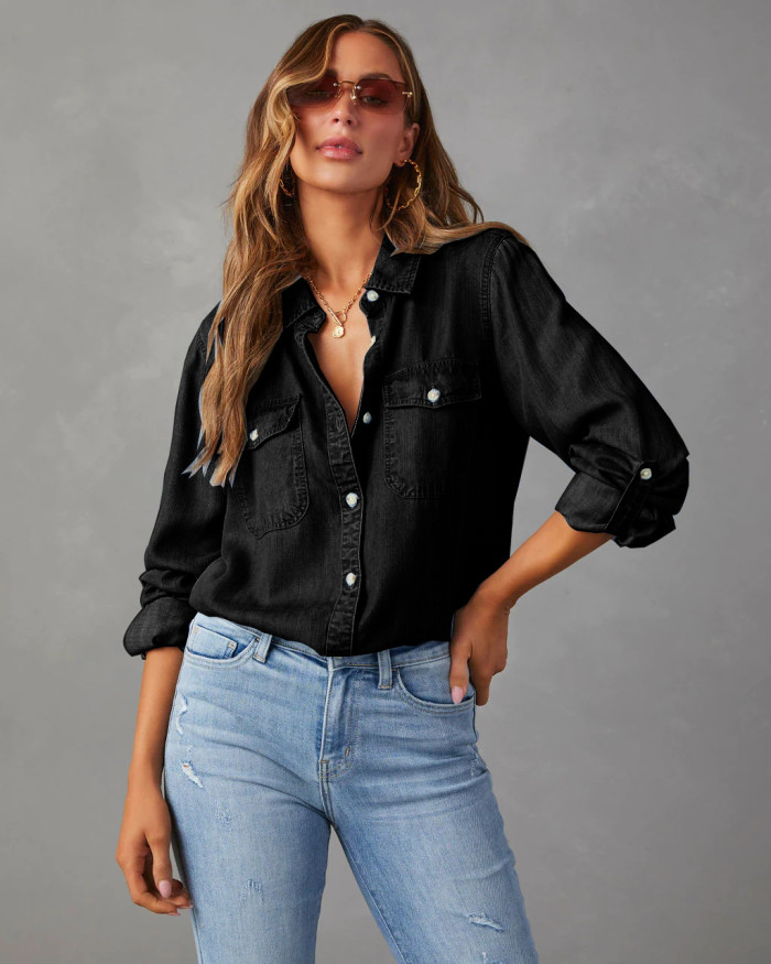Casual crew-neck single-button women's long-sleeved denim shirt  DLZC0425