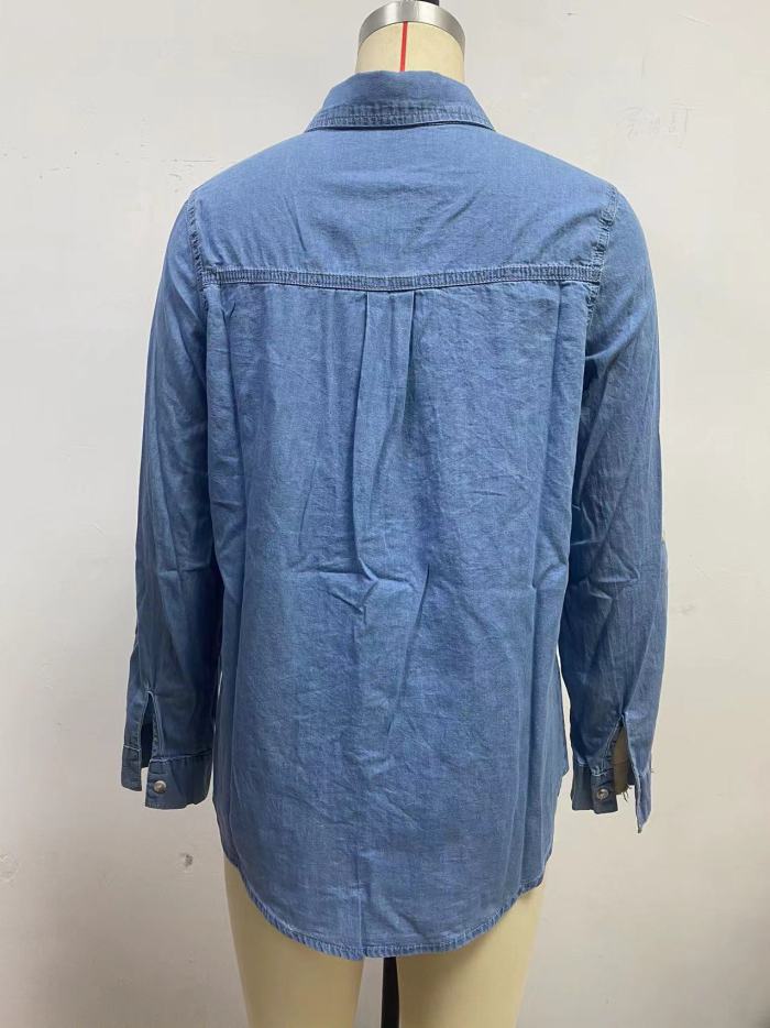 Casual crew-neck single-button women's long-sleeved denim shirt  DLZC0425