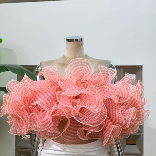 Summer Pink 3D Ruffle Floral Slash Neck Sleeveless Shirt Women Slim Strapless Top New 3A1959