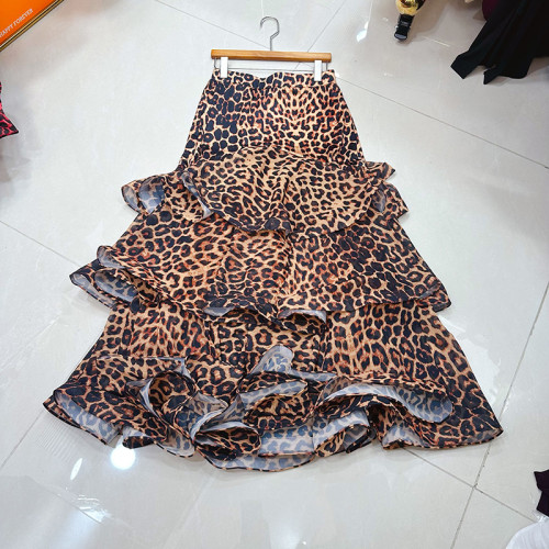 Suburban design-inspired layered half-length skirt with leopard print vintage style half-length skirt   DLZBS4270