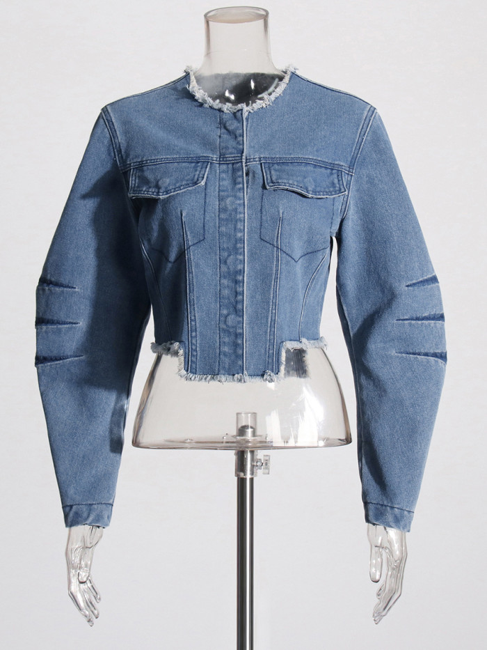 New trendy fashion style high-waisted slimming denim top with a classic and sophisticated distressed short jacket design