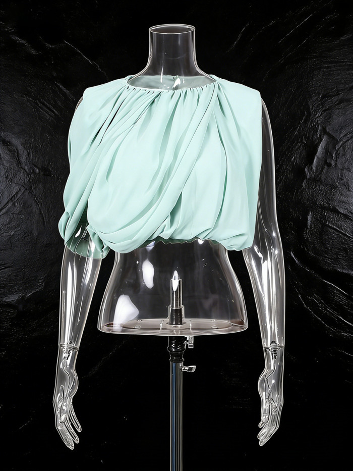 New round-neck plain-color fashionable ruffled irregular design sense chiffon blouse  DLZSY11406