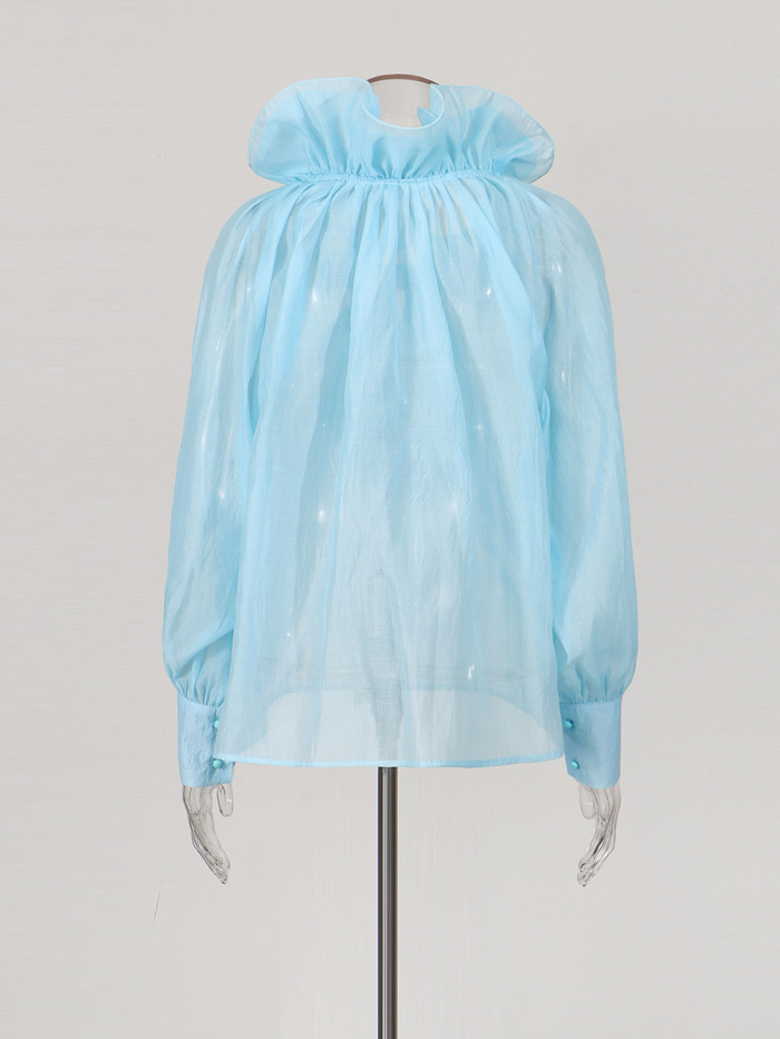 New style blouse with ruffled collar and strap, long sleeves and net fabric, featuring a stylish design.  DLZS4280