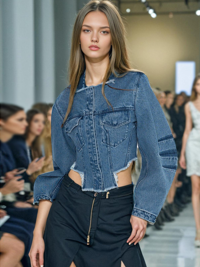 New trendy fashion style high-waisted slimming denim top with a classic and sophisticated distressed short jacket design