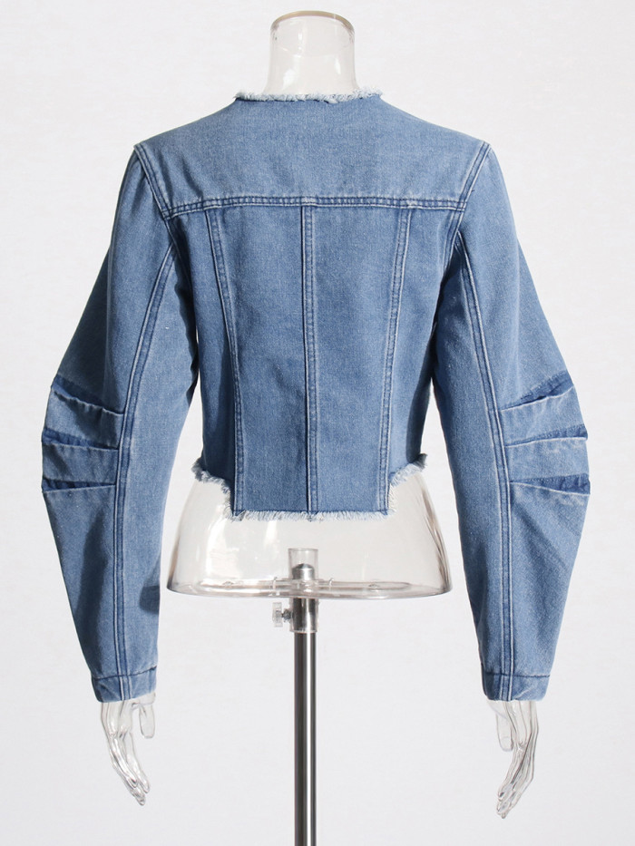 New trendy fashion style high-waisted slimming denim top with a classic and sophisticated distressed short jacket design