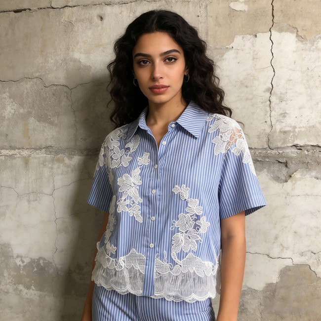 New transparent lace patchwork blue and white contrast short-sleeved shirt top  DLZ5644