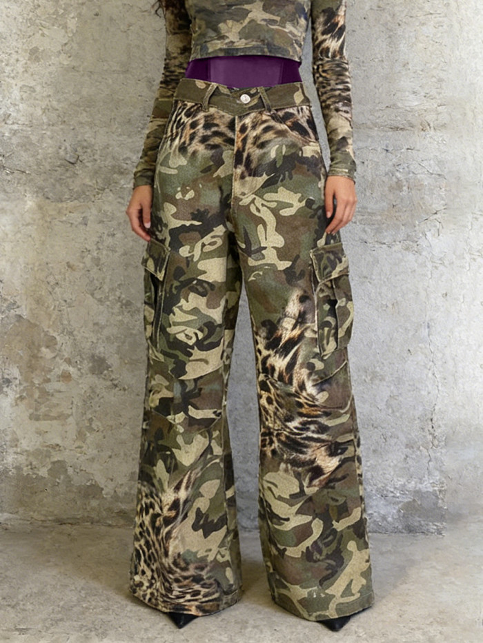 New camouflage leopard print design with multiple pockets, high-waisted and wide-leg pants  DLZK42809