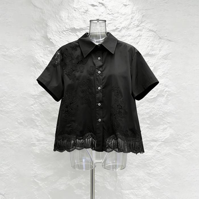 New transparent lace patchwork blue and white contrast short-sleeved shirt top  DLZ5644