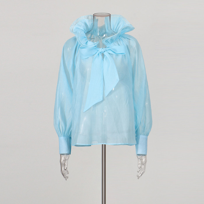 New style blouse with ruffled collar and strap, long sleeves and net fabric, featuring a stylish design.  DLZS4280