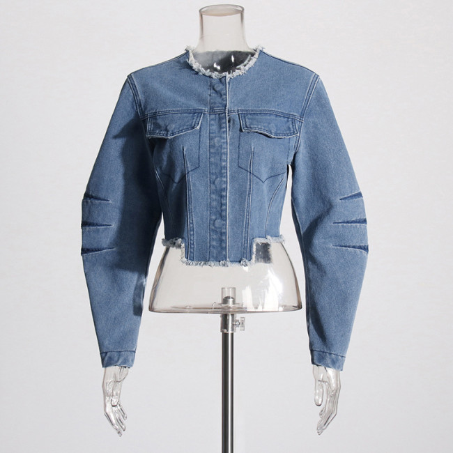 New trendy fashion style high-waisted slimming denim top with a classic and sophisticated distressed short jacket design