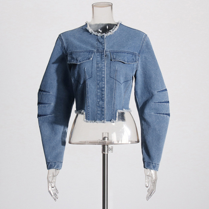 New trendy fashion style high-waisted slimming denim top with a classic and sophisticated distressed short jacket design