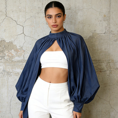 New vintage round-neck bubble sleeve loose-fitting figure-hugging pleated cape top  DLZSY15