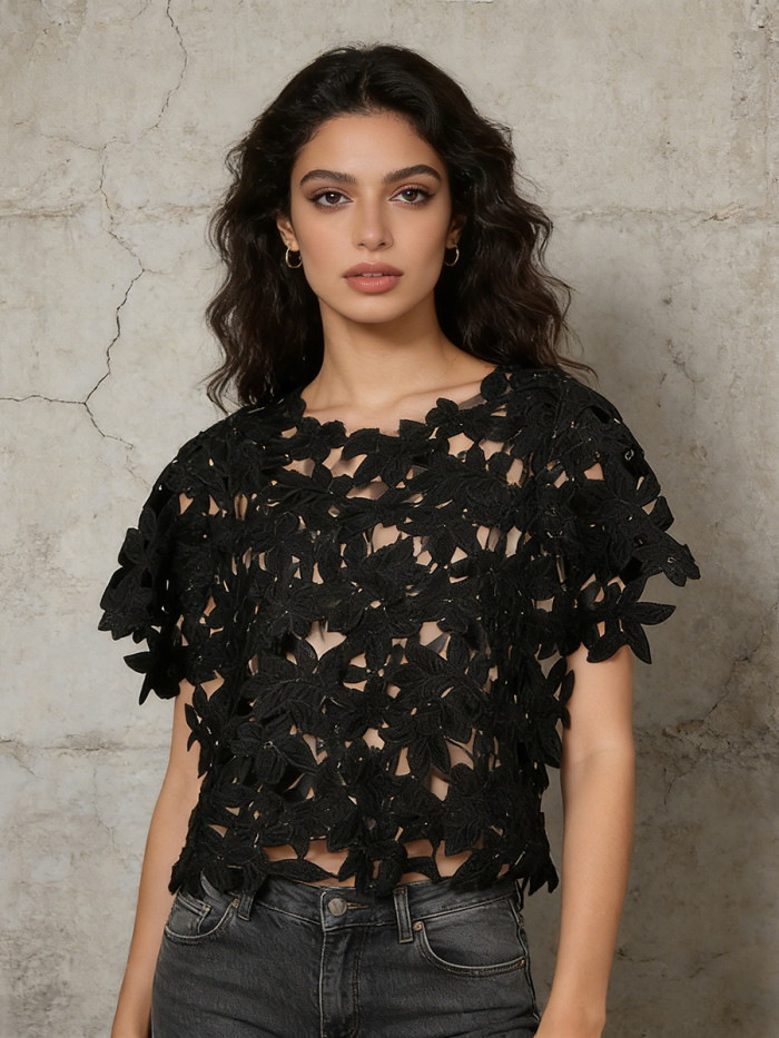 New trendy and elegant short-sleeved shirt with openwork floral pattern and patchwork design  DLZSY42801