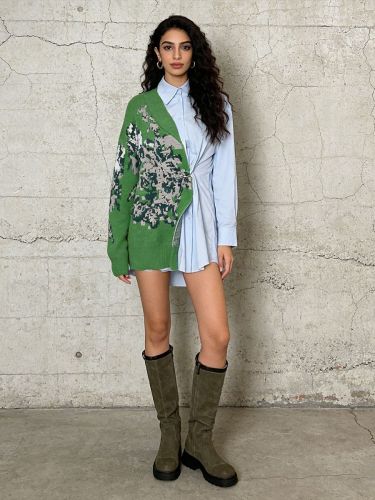 New style knitted printed personalized patchwork collar long-sleeved shirt DLZCS1505