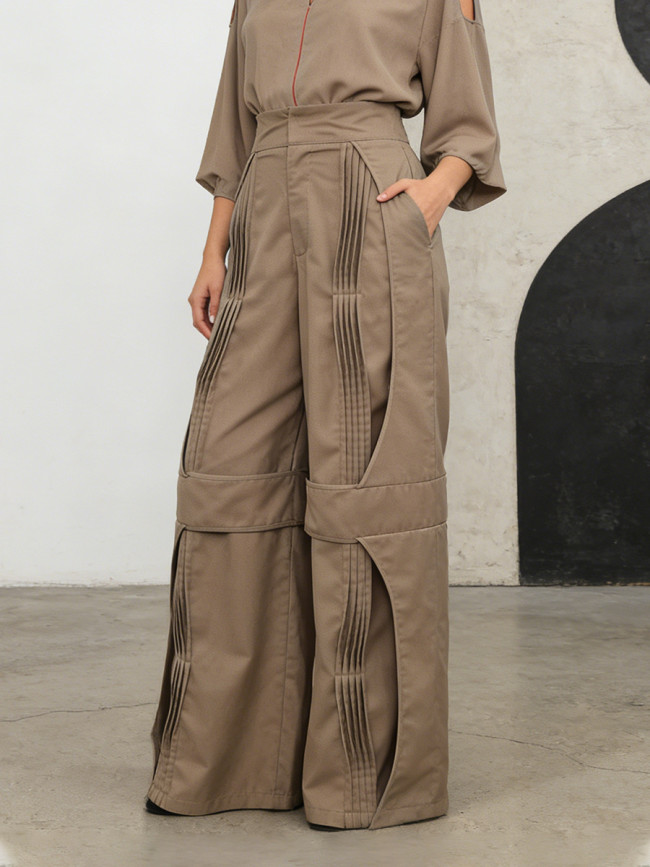 New style quilted and pleated slimming solid-color wide-leg trousers DLZKZ42804