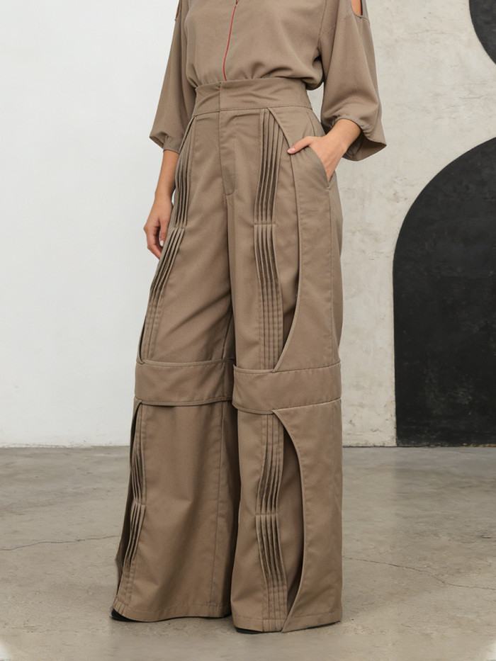 New style quilted and pleated slimming solid-color wide-leg trousers DLZKZ42804