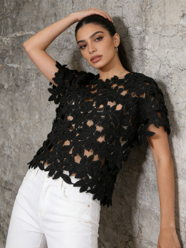 New trendy and elegant short-sleeved shirt with openwork floral pattern and patchwork design  DLZSY42801