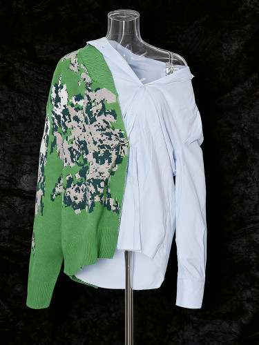 New style knitted printed personalized patchwork collar long-sleeved shirt DLZCS1505