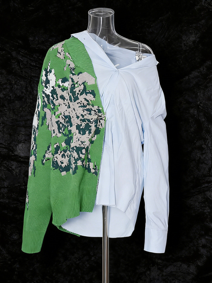 New style knitted printed personalized patchwork collar long-sleeved shirt DLZCS1505