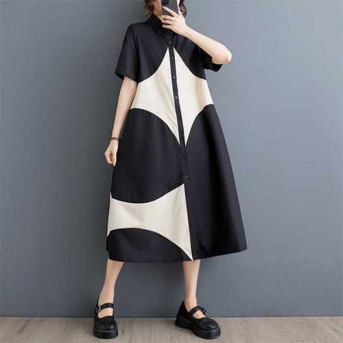 New loose large-sized printed patchwork casual simple and sweet short-sleeved dress DLZQ26501
