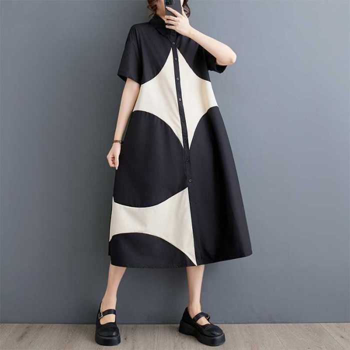 New loose large-sized printed patchwork casual simple and sweet short-sleeved dress DLZQ26501