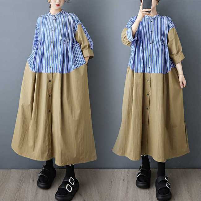 Loose striped patchwork color-block blouse skirt, fashionable and casual dress DLZQ114505