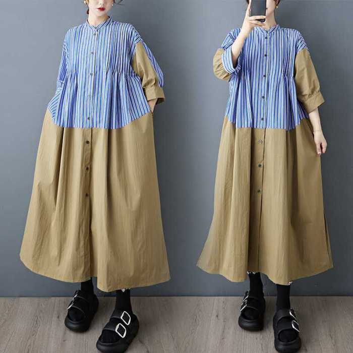 Loose striped patchwork color-block blouse skirt, fashionable and casual dress DLZQ114505