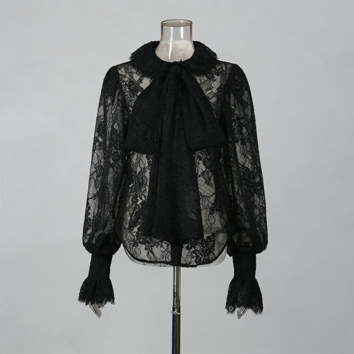 Sweet style lace top - New style frill sleeves with bow ties and embroidered design blouse  DLZS0507