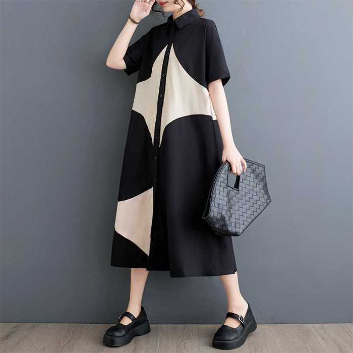 New loose large-sized printed patchwork casual simple and sweet short-sleeved dress DLZQ26501
