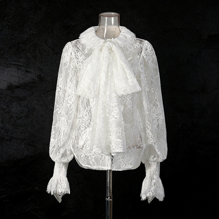 Sweet style lace top - New style frill sleeves with bow ties and embroidered design blouse  DLZS0507