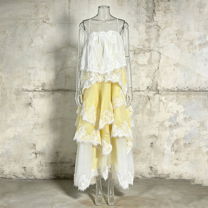New fashion halter dress with sweetheart neckline and lace design featuring layered and gradient color long skirt  DLZQ0507