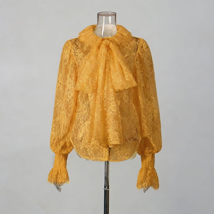 Sweet style lace top - New style frill sleeves with bow ties and embroidered design blouse  DLZS0507