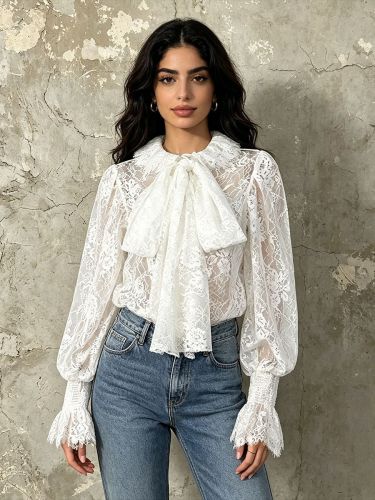 Sweet style lace top - New style frill sleeves with bow ties and embroidered design blouse  DLZS0507