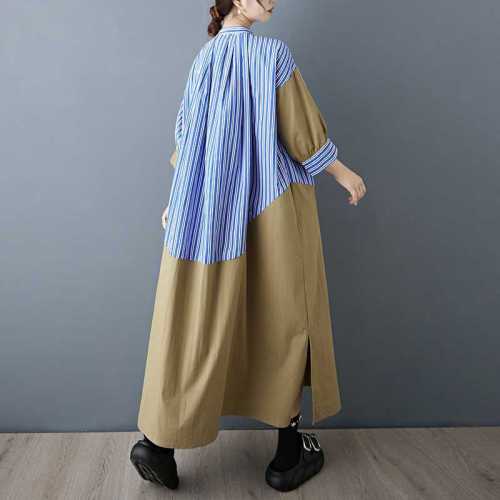 Loose striped patchwork color-block blouse skirt, fashionable and casual dress DLZQ114505