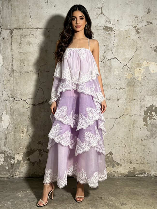 New fashion halter dress with sweetheart neckline and lace design featuring layered and gradient color long skirt  DLZQ0507