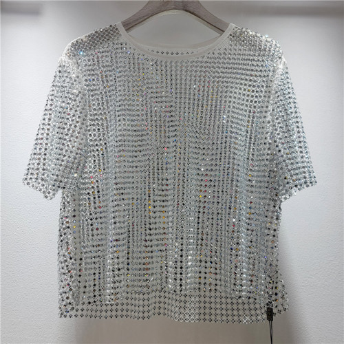  Women's T-shirt Hollow Out Shiny Full Diamonds O-neck Short Sleeve Perspective Smock Summer   DLZSY26