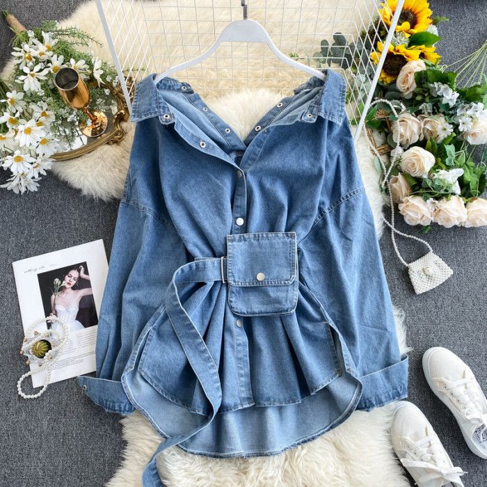Design a belt-worn, form-fitting, backless, open-front denim shirt with multiple pockets.  DLZNZ26040