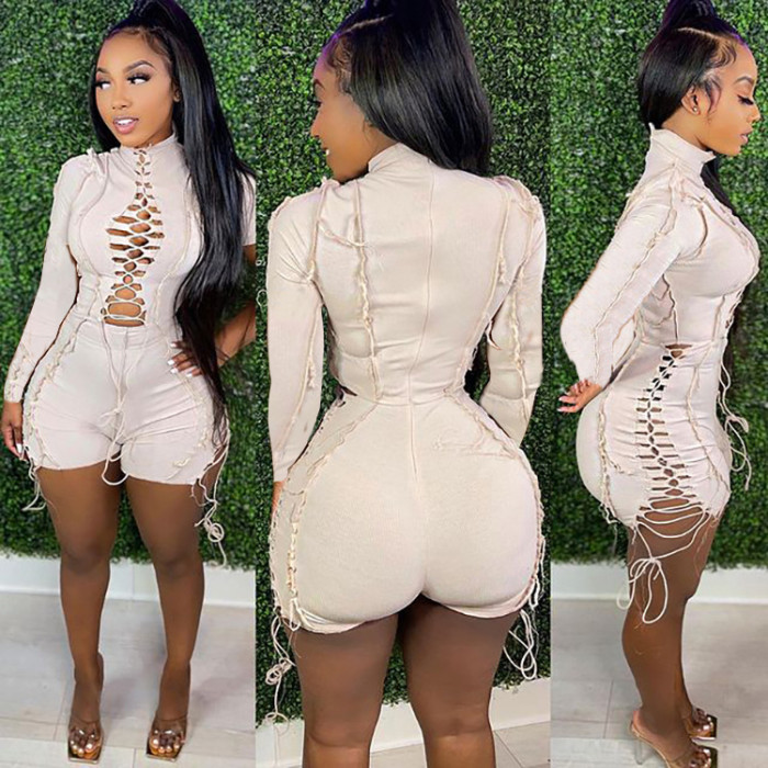 Fashionable and sexy spliced solid-color long-sleeved one-piece pants with elastic waistband  DLZLT26050