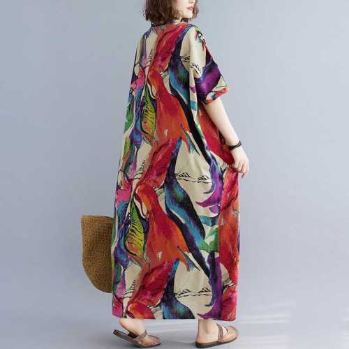 Printed V-neck loose large-sized simple beach-style long dress  DLZQZ0512