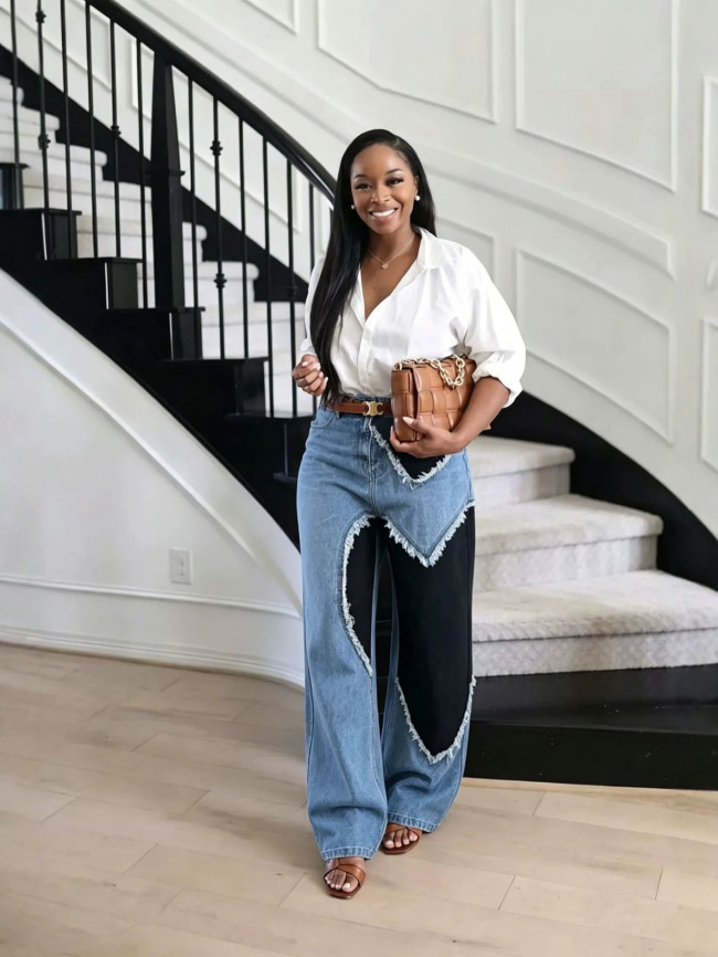 New style unique patch-joined heart-shaped fringed denim pants   DLZNZ2605