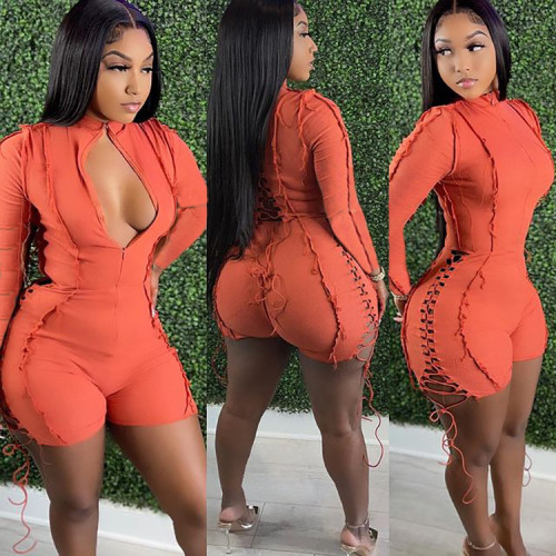Fashionable and sexy spliced solid-color long-sleeved one-piece pants with elastic waistband  DLZLT26050