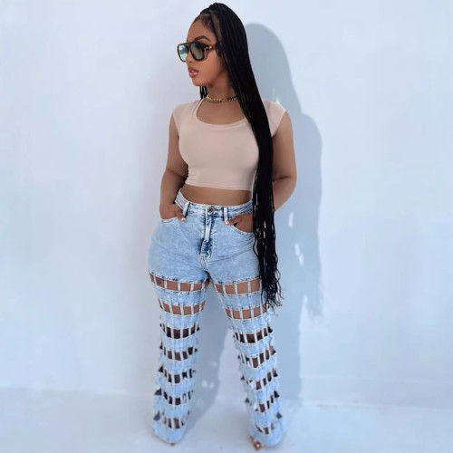 Blue new style street fashion perforated high-waist hole-denied denim straight-leg pants DLZNZ2605205