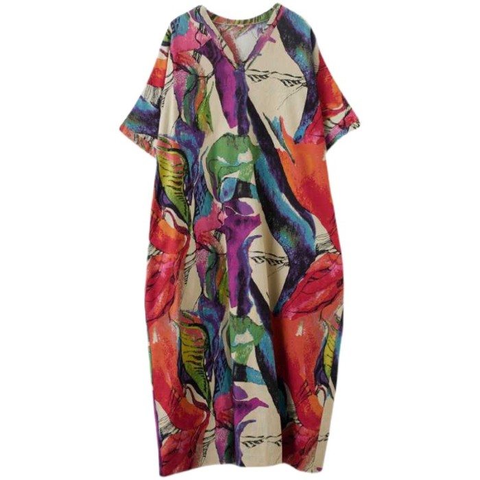 Printed V-neck loose large-sized simple beach-style long dress  DLZQZ0512