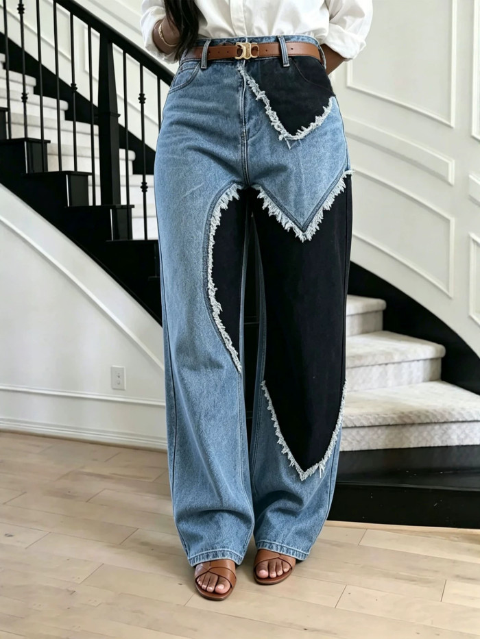 New style unique patch-joined heart-shaped fringed denim pants   DLZNZ2605