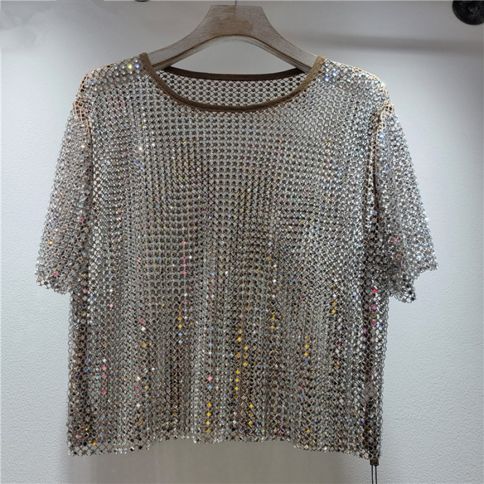  Women's T-shirt Hollow Out Shiny Full Diamonds O-neck Short Sleeve Perspective Smock Summer   DLZSY26