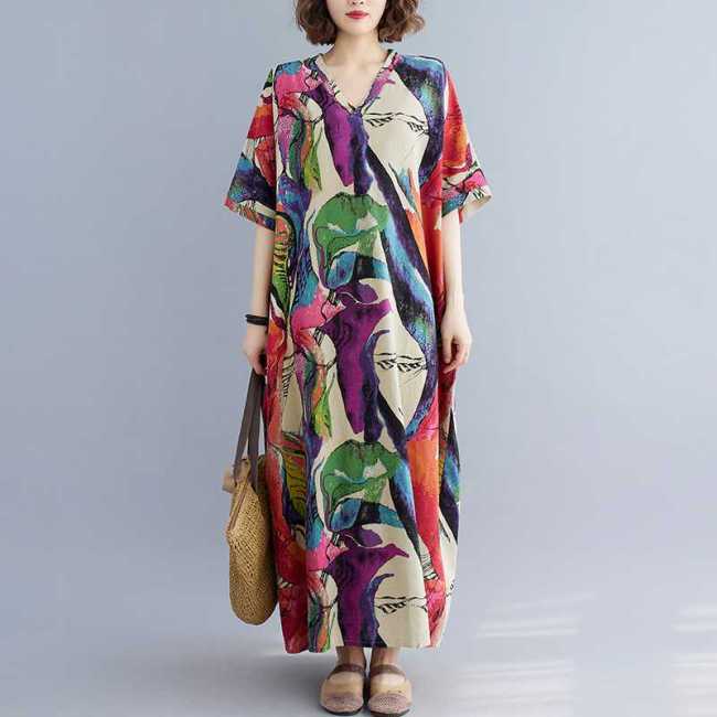 Printed V-neck loose large-sized simple beach-style long dress  DLZQZ0512