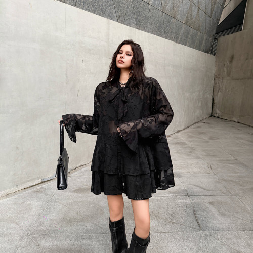 Micro-perforated lace long-sleeved shirt dress for women in summer, with bow details, loose fit, suitable for covering up and slimming the figure, A-shaped dress  DLZSY050801