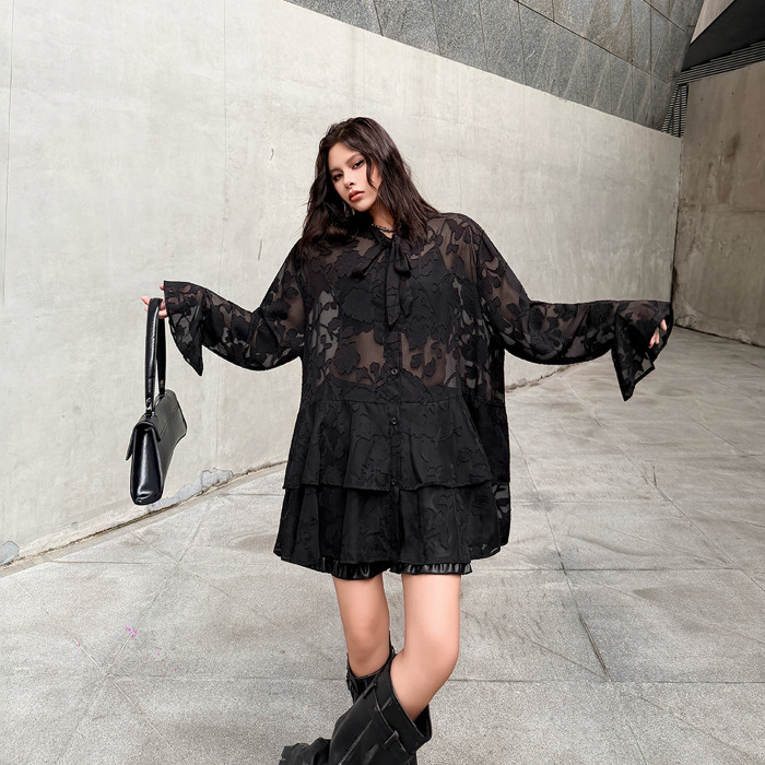 Micro-perforated lace long-sleeved shirt dress for women in summer, with bow details, loose fit, suitable for covering up and slimming the figure, A-shaped dress  DLZSY050801